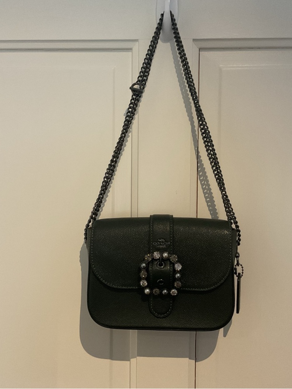 Coach Green Leather Crossbody with Crystal Buckle